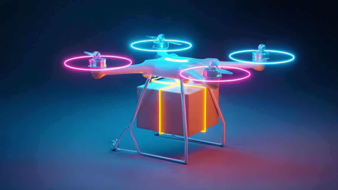 Futuristic Drone with Neon Lights Delivering Package in a Dark Environment, Showcasing Modern Design and Innovative Technology for Efficient Transportation Solutions