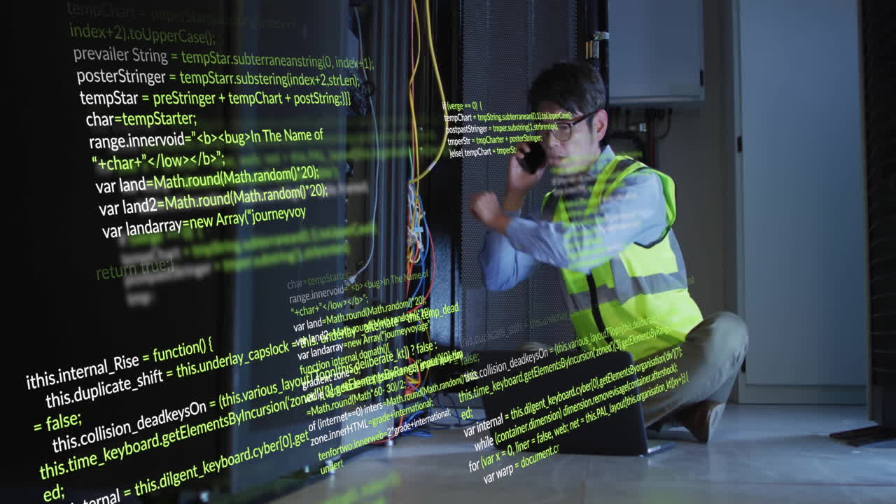 animación de procesamiento de datos digitales sobre él servidores de computadoras técnico masculino asiático