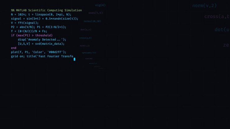 Редактор кода MATLAB с отображением скрипта для научных вычислений