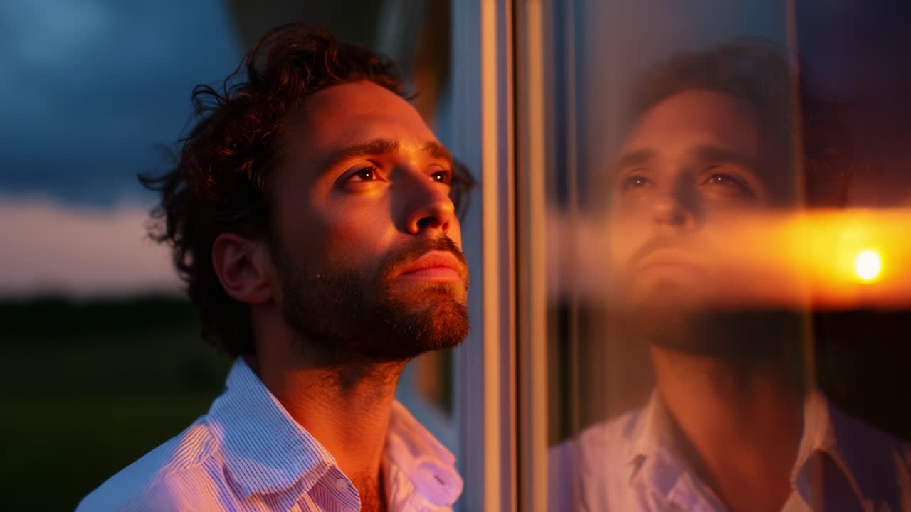 A Reflective Moment: A Man Stands Gazing Thoughtfully Outside, Capturing a Serene Sunset and Deep Contemplation Through a Window, Highlighting His Expression of Inner Peace and Reflection