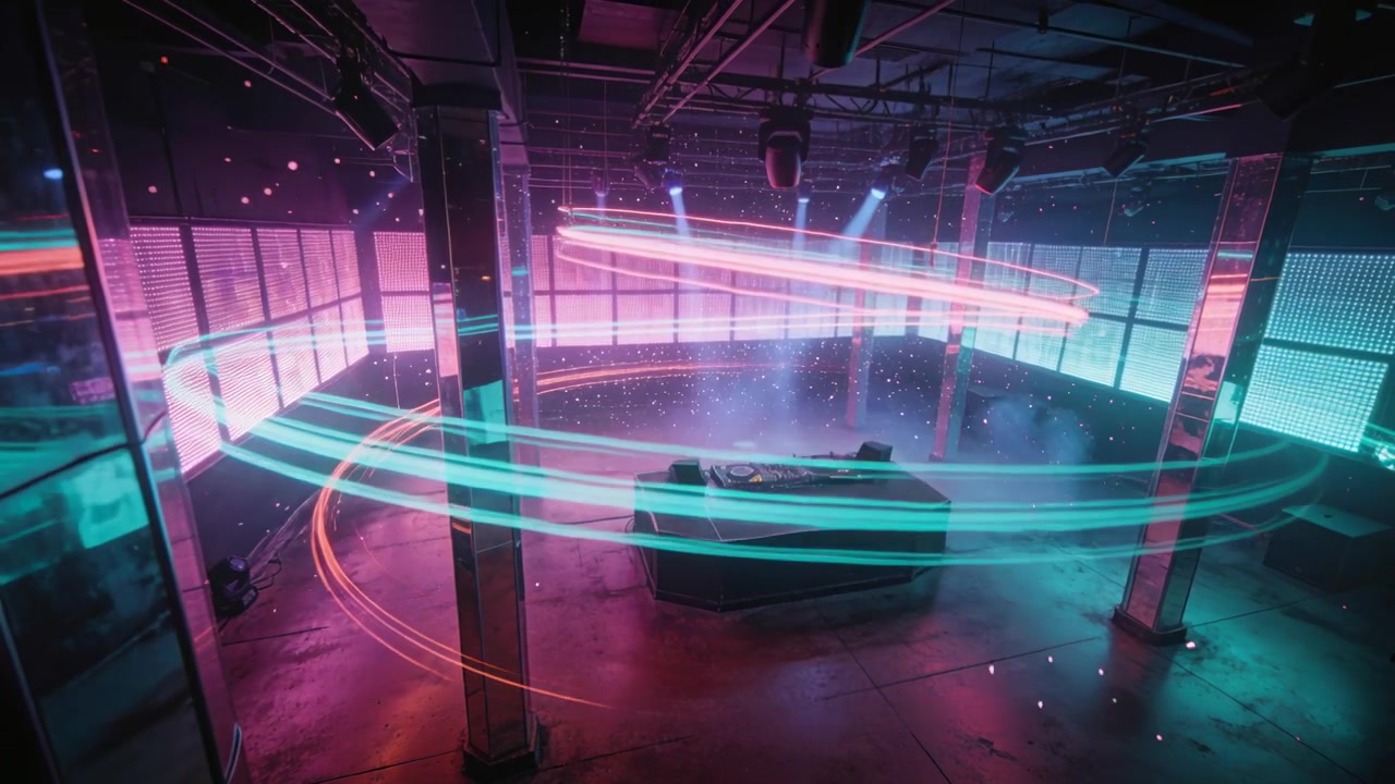 Cueing lights sending rings circling raised DJ platform at warehouse with mixer, creating mood
