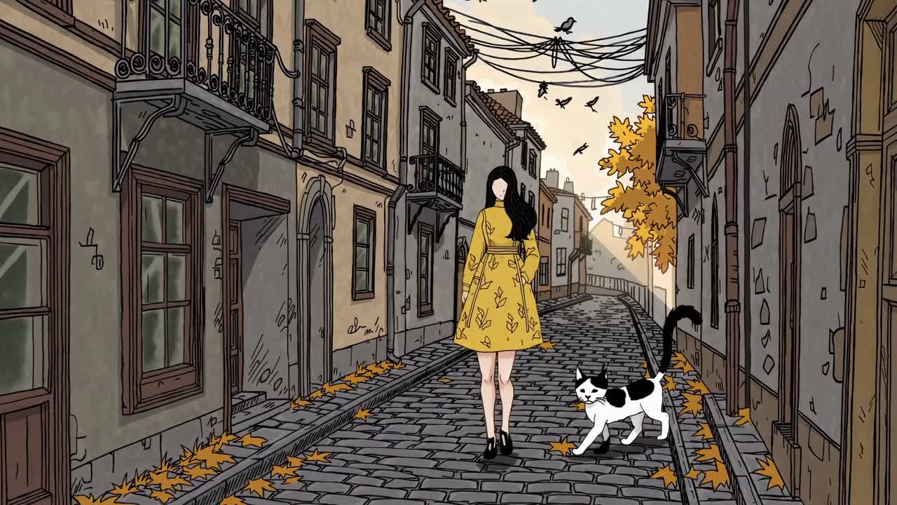 Nostalgic autumn animation depicting woman walking her cat along picturesque cobblestone street, surrounded by fallen leaves, flying birds, and vintage architectural charm