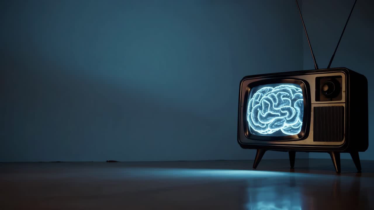 televisión antigua que muestra un cerebro brillante