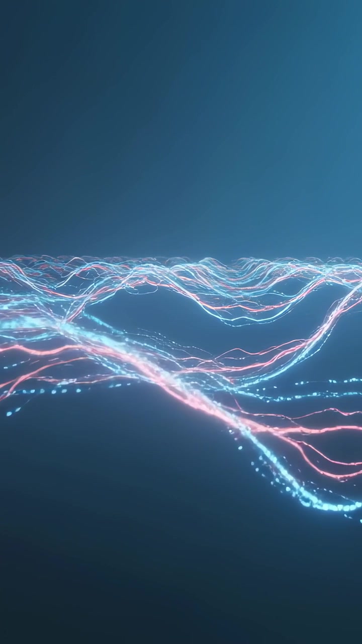 Vertical video: Shifting camera sending cyan pink strands waving near horizon, showing spark dots