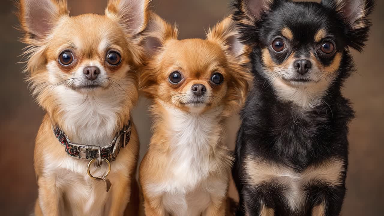 Adorable Trio of Chihuahuas Displaying Unique Personalities in Charming Portrait, Perfect for Pet Lovers and Dog Enthusiasts, Showcasing Their Endearing Features and Expressions