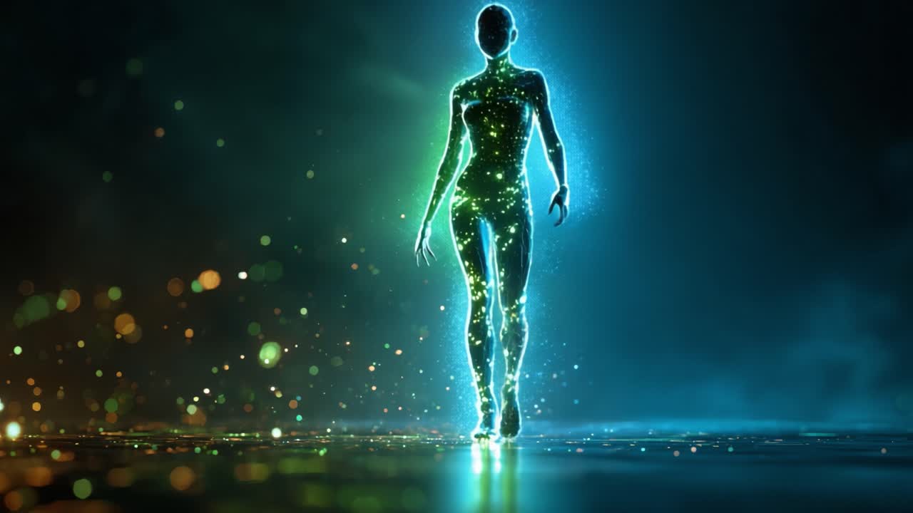 Una figura ipnotica emerge da un mare di particelle luminose, risplendendo di colori vivaci che creano un'atmosfera incantevole in un ambiente fantascientifico.