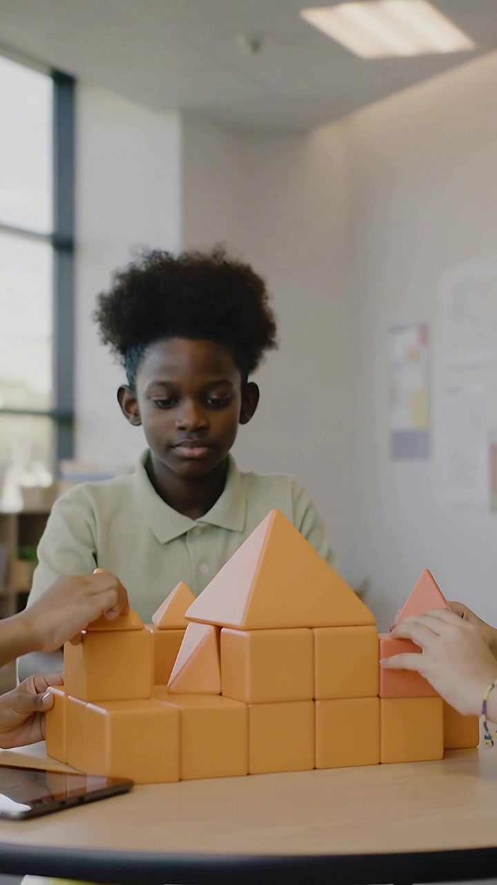 Vertical video: Placing roof, teacher guiding boy in polo assembling blocks at school to build home