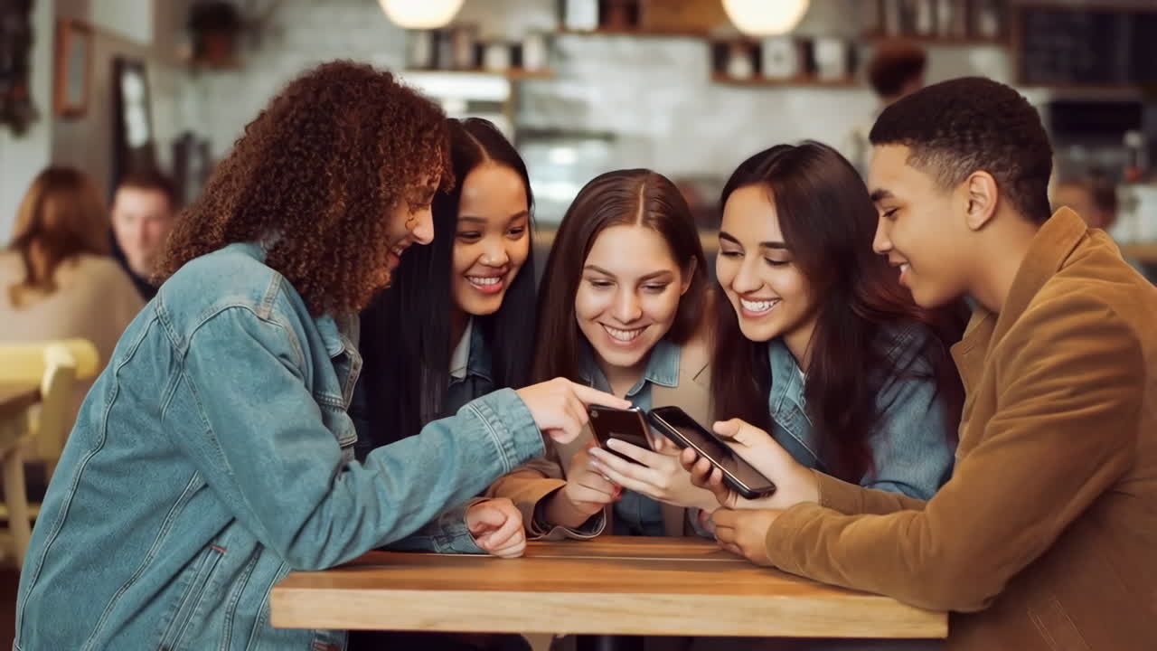 Group of friends using smartphones in a cafe