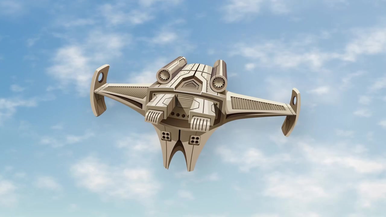 A detailed tan spacecraft hovers steadily against a bright blue sky with soft white clouds.