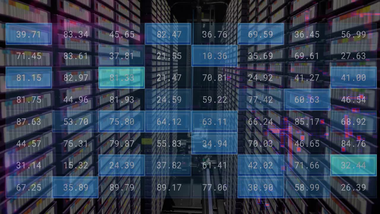animación del procesamiento de datos financieros a través de servidores informáticos
