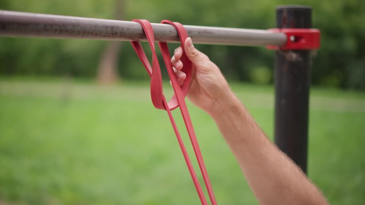 Person Securing Band On Metal Bar, Closeup Of Hands Tightening Resistance Band Onto Metal Bar At Park, Detailed Shot Of Person Securing Red Resistance Band Onto Metal Bar In Park Setting