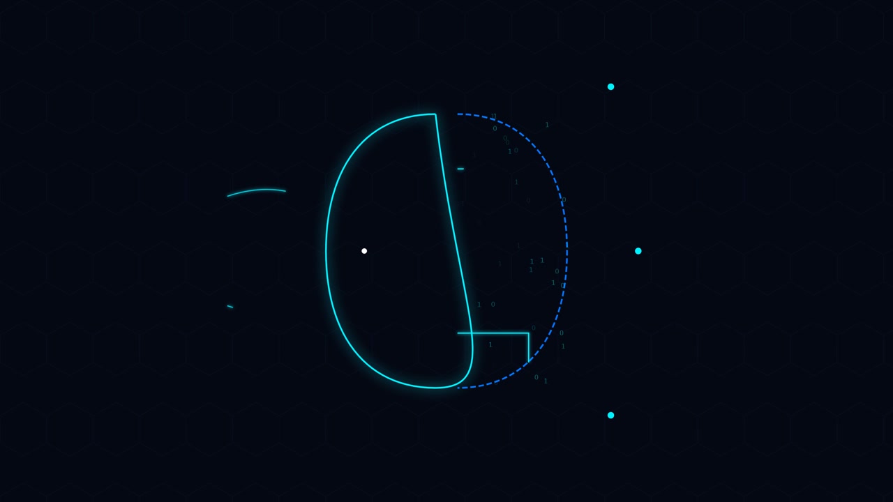 Abstract Digital Interface with Glowing Geometric Shapes and Binary Code
