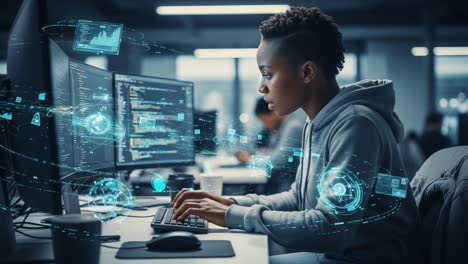 engaging in dynamic programming: a focused developer utilizing advanced technologies amidst interactive data visualizations in a contemporary office environment