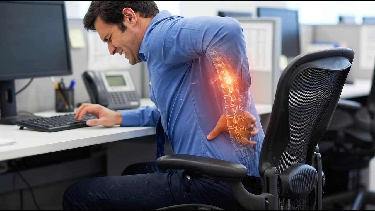 Office Worker Experiencing Back Pain While Sitting at Desk