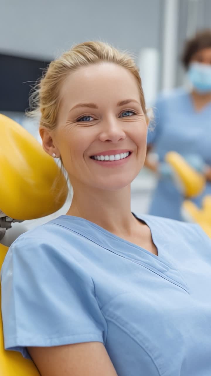 Eine freundliche und fröhliche Zahnarzthelferin, die Patienten in einer modernen Praxisumgebung mit einem warmen Lächeln und professioneller Kleidung Komfort und Fürsorge bietet.