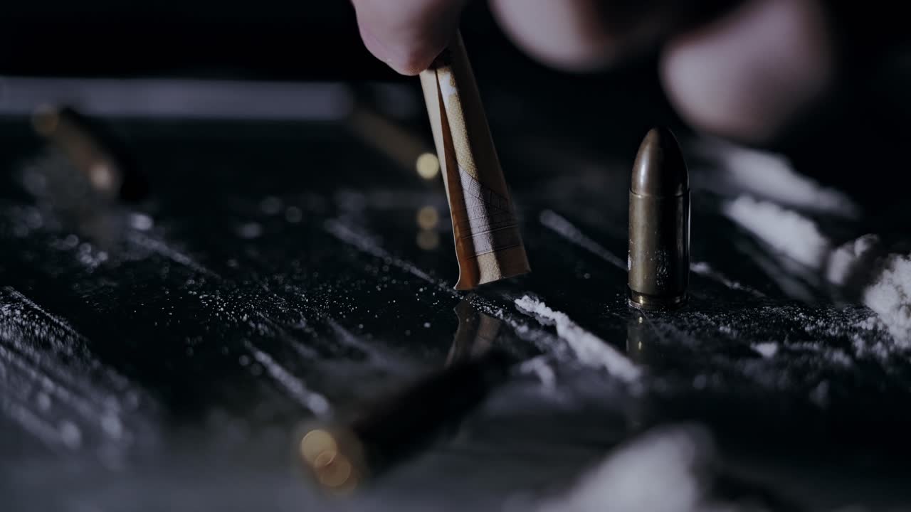 Close up bullet near white powder line and rolled banknote on dark table