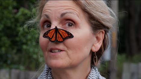 Mariposa-Monarca-Descansando-En-La-Nariz-De-Una-Atractiva-Mujer-De-Mediana-Edad-Sonriente---Primer-Plano---4k,-59