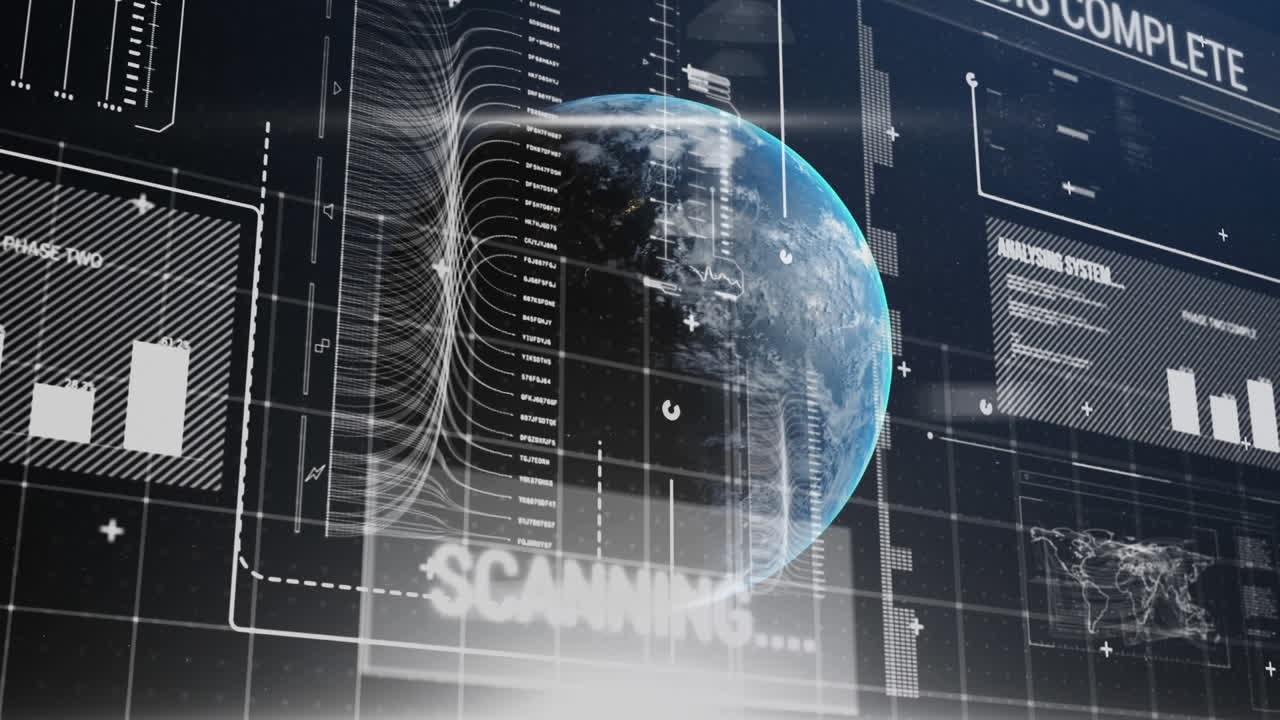 Animation of data processing and scanning over earth in universe on blue background