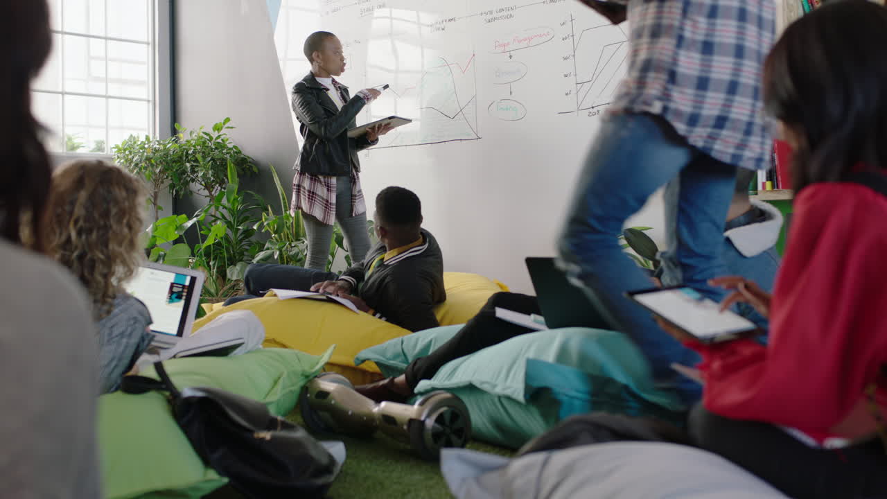 사업가 들 이 아프리카계 미국인 들 을 만나는 팀 리더 여성 들 이 화이트보드 에 시장 데이터 를 제시 하는 것, 학생 들 에게 프로젝트 전략 정보 를 보여 주는 것, 사무실 에서 아이디어 를 공유 하는 것, 프레젠테이션