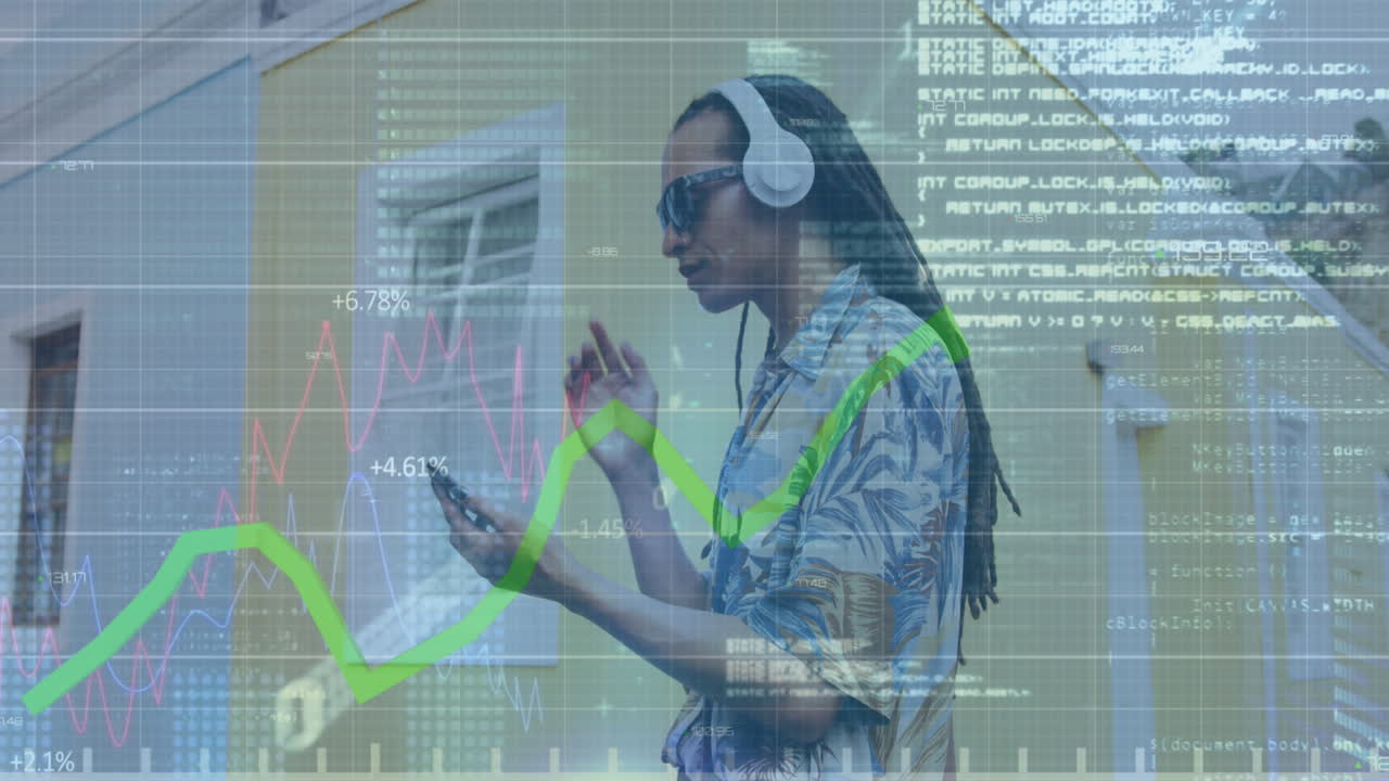 Animation of data processing over biracial man using smartphone