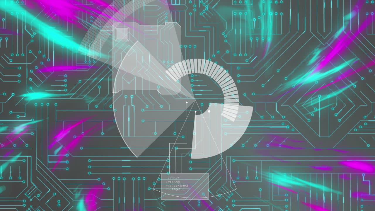 검은색 배경에 빛, 레이더 및 통합 회로의 애니메이션