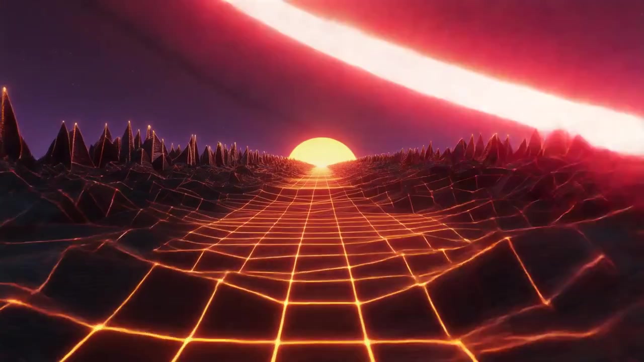 Paesaggio retro synthwave con griglia luminosa e raggio laser