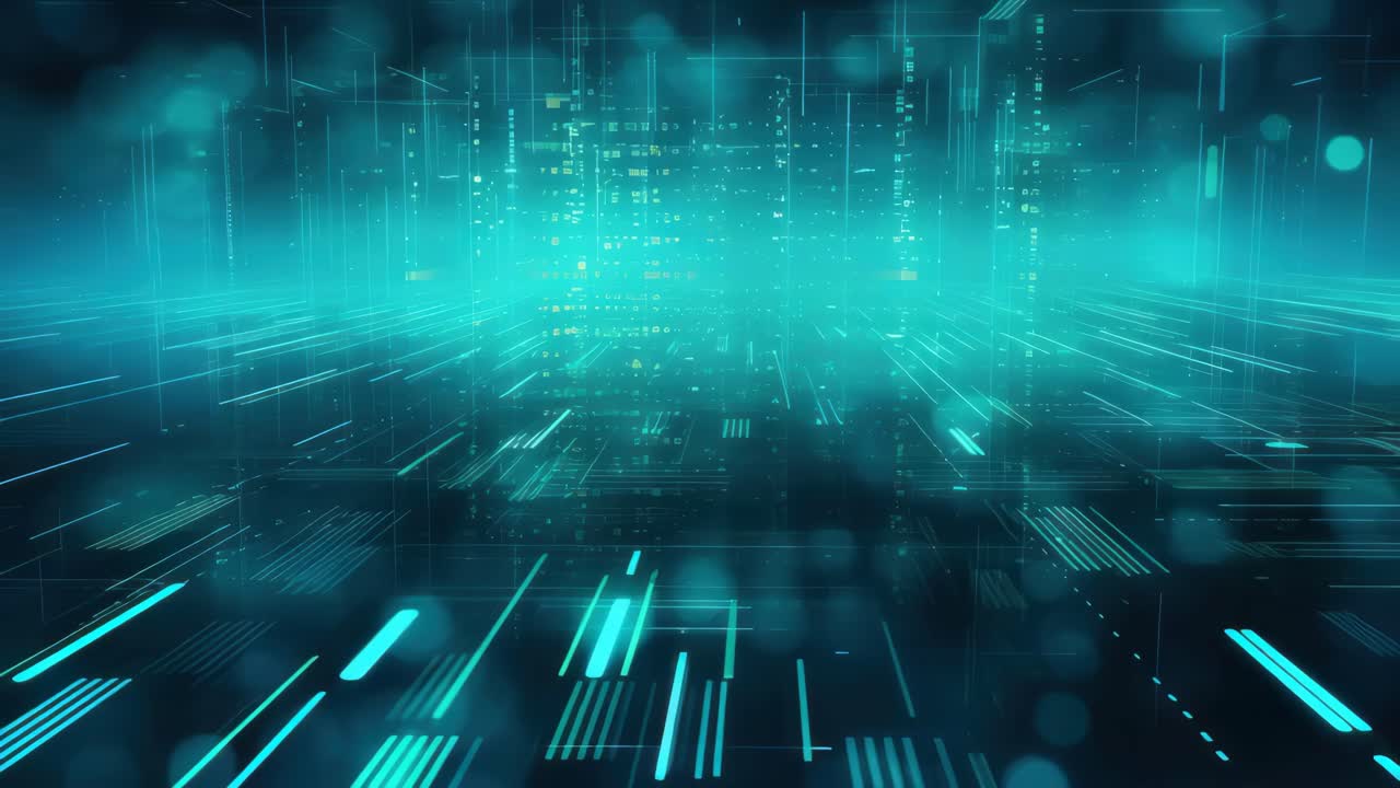 Futuristisk digitalt gitter med glødende linjer, fanget fra et lavt engel perspektiv