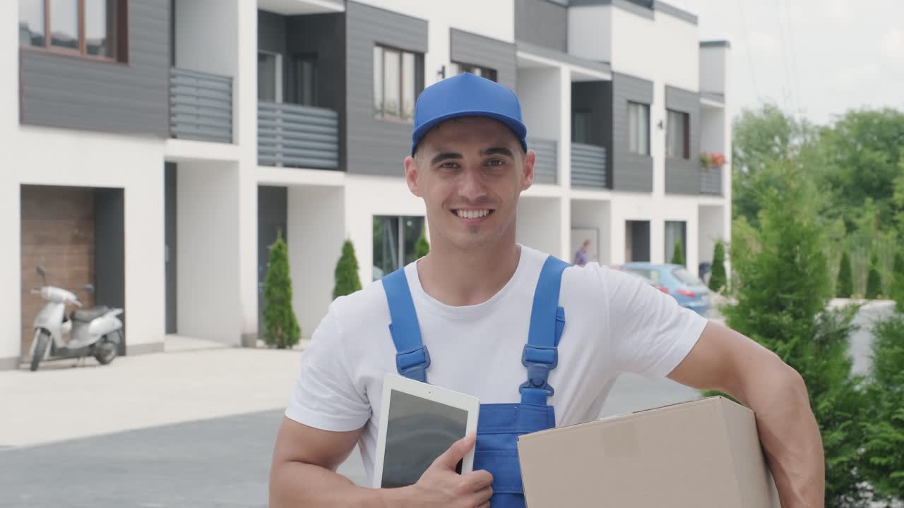 Portrait of young mailman courier who is delivering a parcel directly to a customer home. Concept of courier, home delivery, e-commerce shipping, online shopping