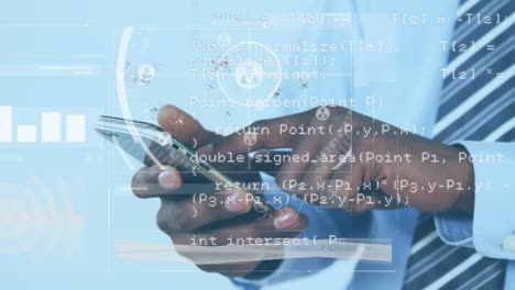 animación del globo y procesamiento de datos sobre un hombre de negocios afroamericano que usa un teléfono inteligente