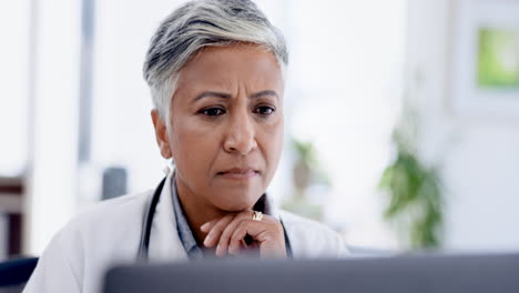 healthcare, laptop and woman doctor doing research
