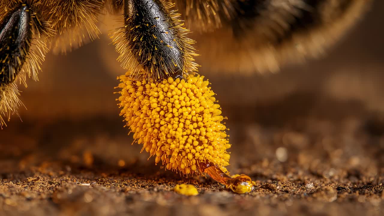 Landing insect hind leg lowering pollen basket onto soil, amber droplet and smear appearing