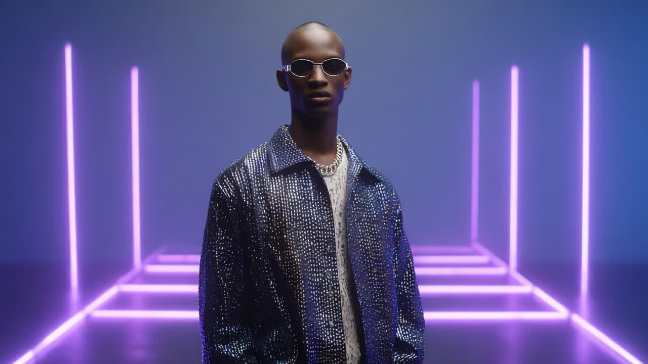 A Stylish Male Model Showcasing Contemporary Fashion in an Artistic, Neon-Illuminated Space, Exuding Confidence and Modern Aesthetic in a Unique Visual Environment