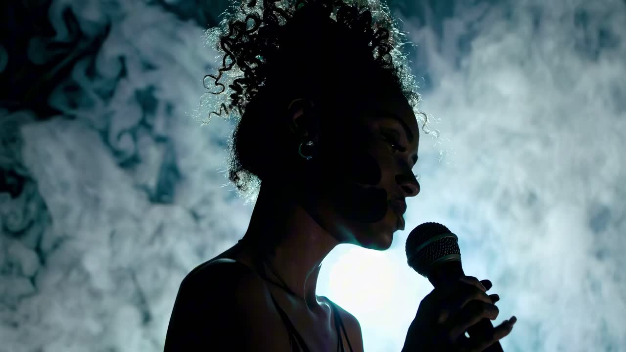 Silhouette of a woman singing into a microphone, backlit by swirling smoke