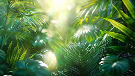lush greenery illuminated by soft sunlight in tropical forest. sunlight filters through vibrant foliage, creating a serene atmosphere in a tropical forest filled