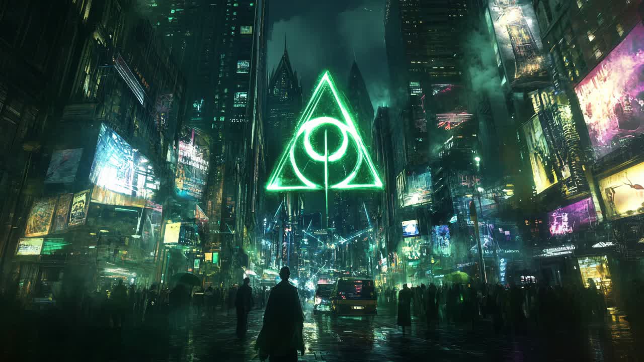 A Cyberpunk City Under a Green Harry Potter Symbol