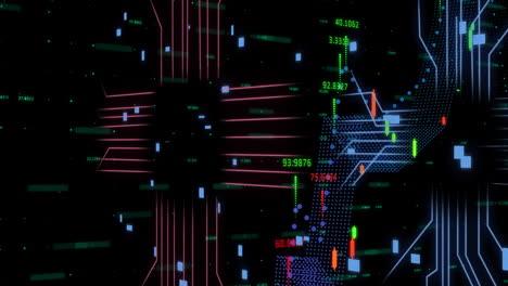 Animation-of-financial-data-processing-over-circuit-board-background