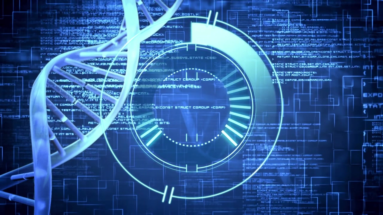 Animation of circles with dna helix over computer language against abstract background