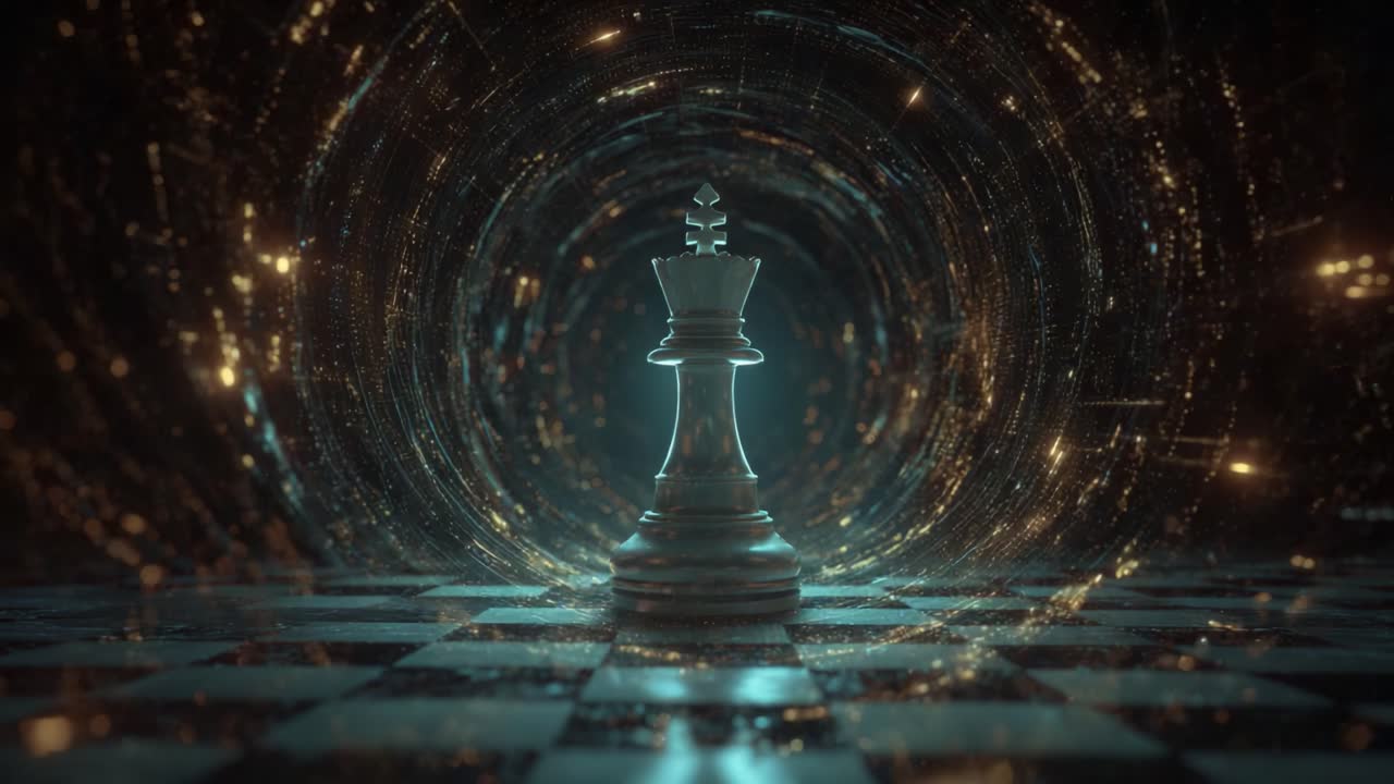 Solitary white king chess piece standing on a reflective chessboard inside a swirling, magical tunnel of golden light and particles, symbolizing strategy, power, and the final move