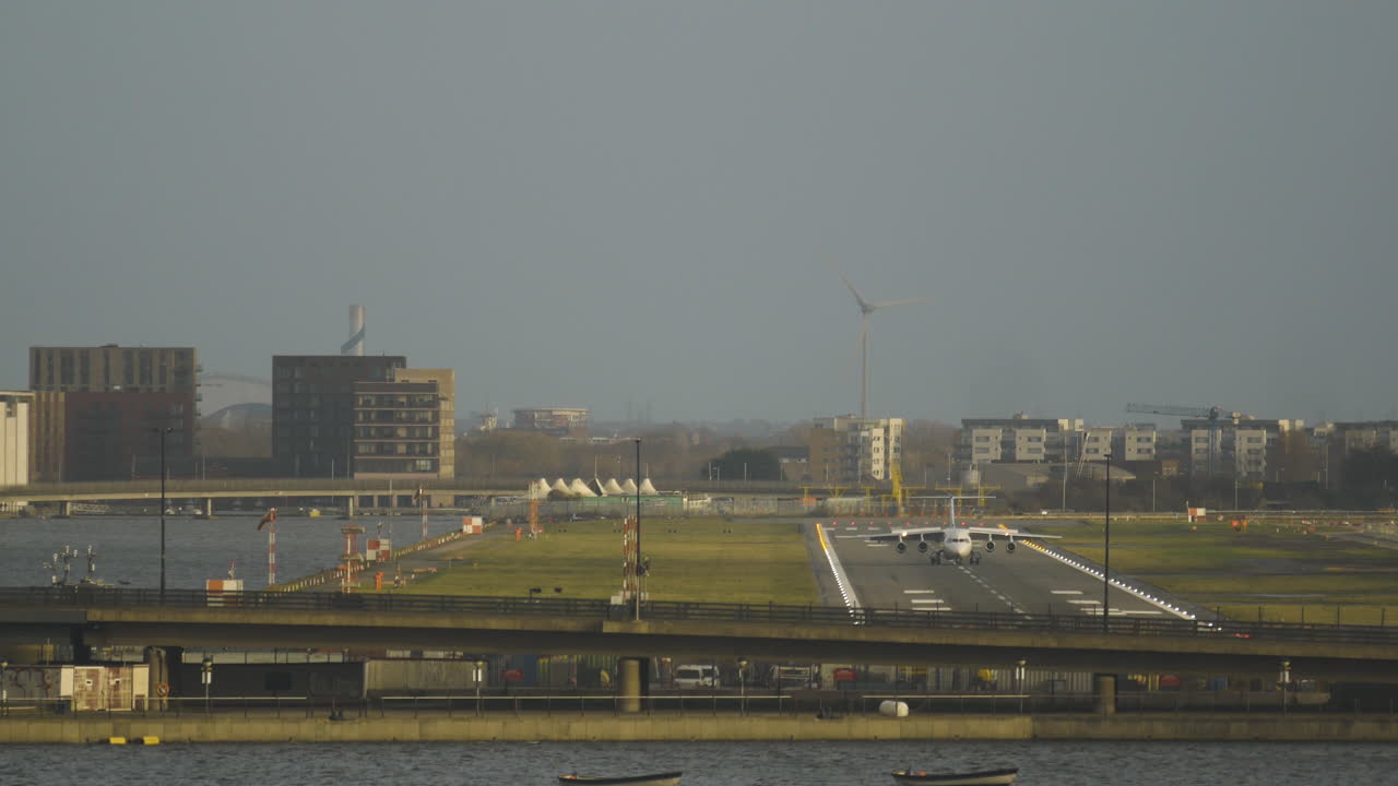Airplane jet airliner lands on an airport runway