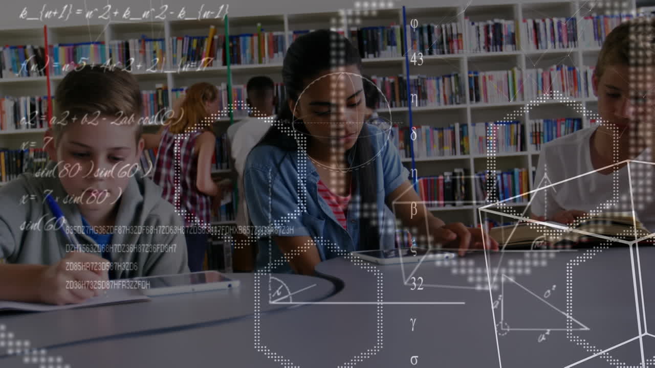 escolares estudiando mientras los números y las formas se mueven