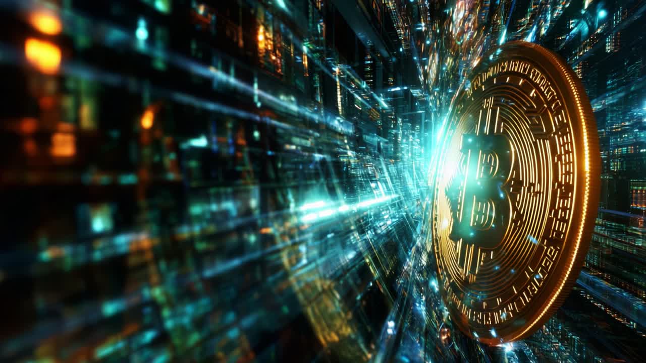 A Stunning Visualization of Cryptocurrency Technology: Explore the Dynamic Interplay of Bitcoin Coin Surrounded by Vibrant Digital Streams and Data Patterns in a Futuristic Environment
