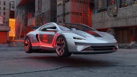 futuristic sports car with red neon accents in a modern city