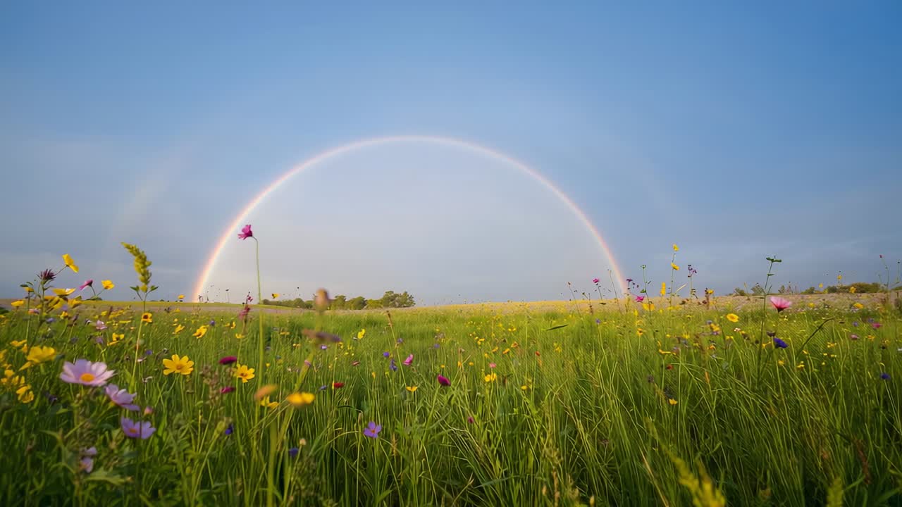 Blowing breeze causing wildflowers and grasses to sway in grassland meadow, with full rainbow arch