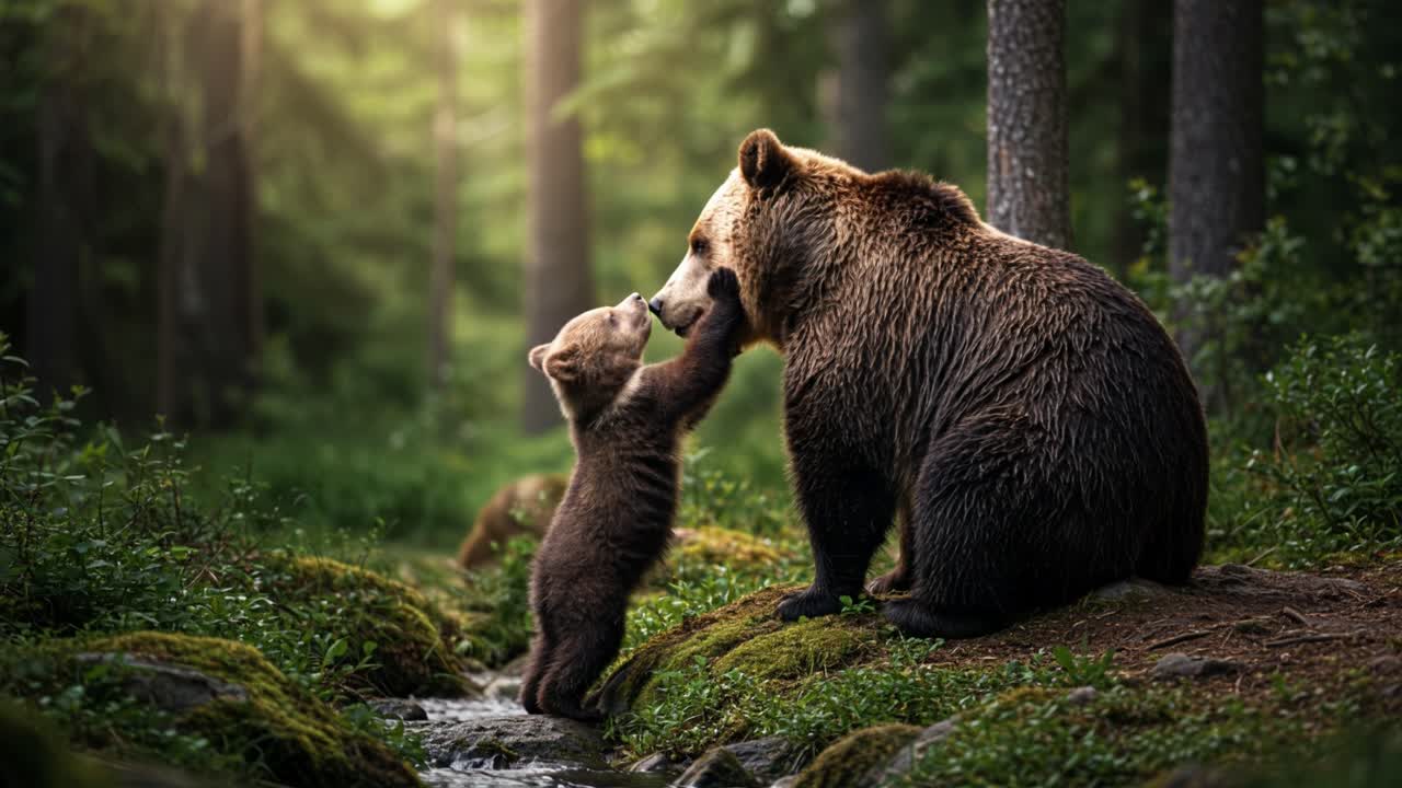 A mother bear and her adorable cub interact gently in a vibrant forest during the golden hour, casting a warm glow through the trees. The cub playfully approaches its mother, showcasing affectionate behavior typical in bear families. Surrounded by lush greenery and the sounds of nature, this heartwa