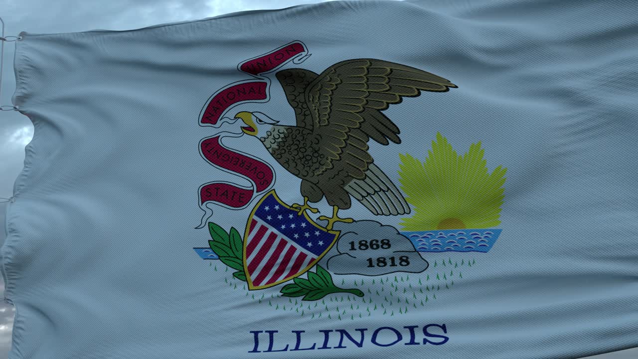 la bandera de illinois ondeando en el viento contra las profundas y hermosas nubes del cielo.