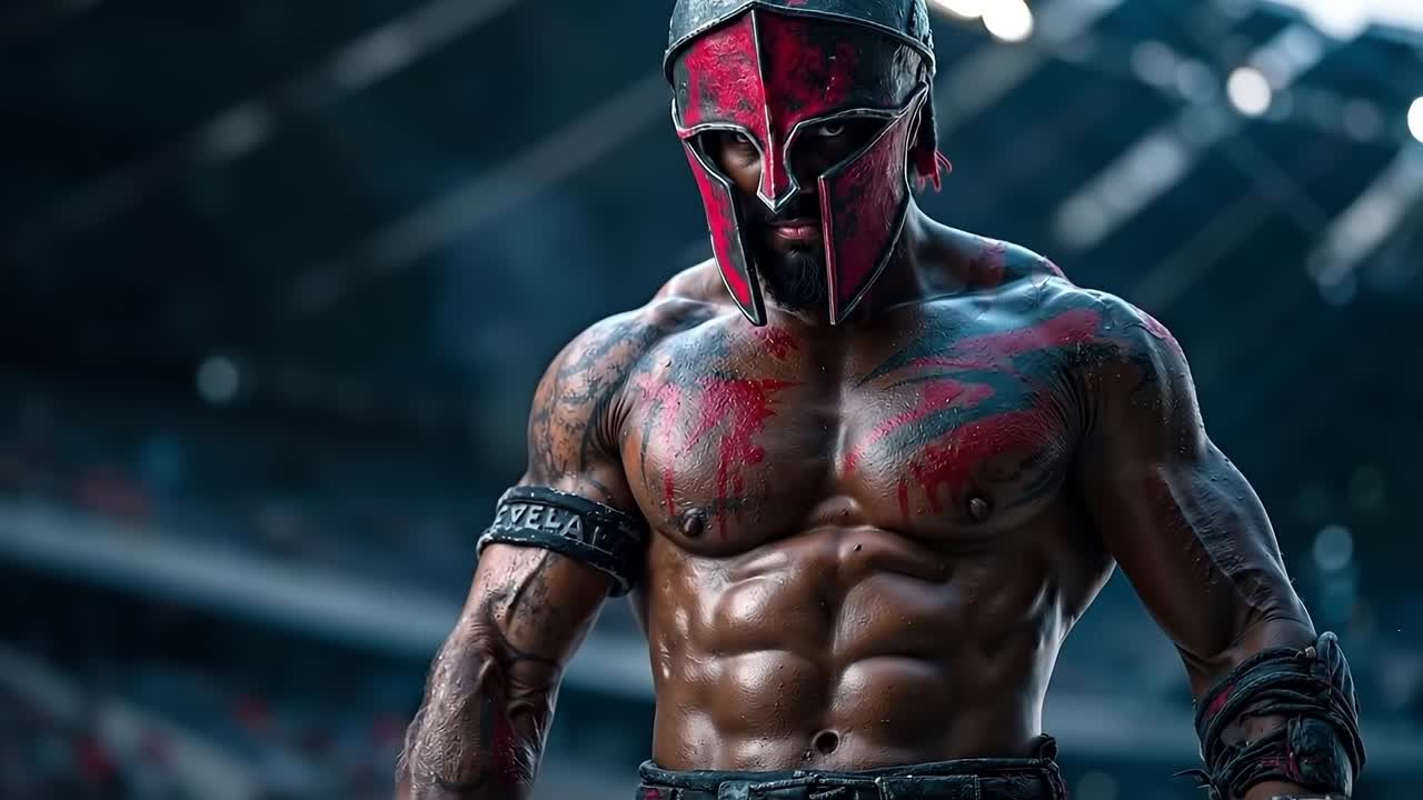 A man with a red mask on his face standing in front of a crowd