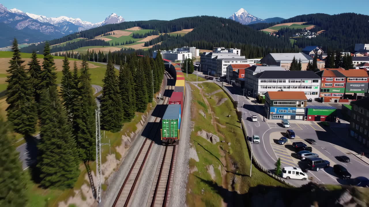 알파인 마을 을 지나가는 화물 열차