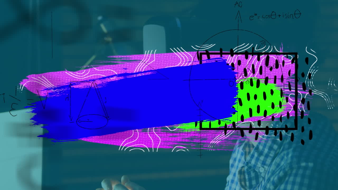 animación de manchas y formas coloridas sobre el hombre de negocios usando auriculares vr