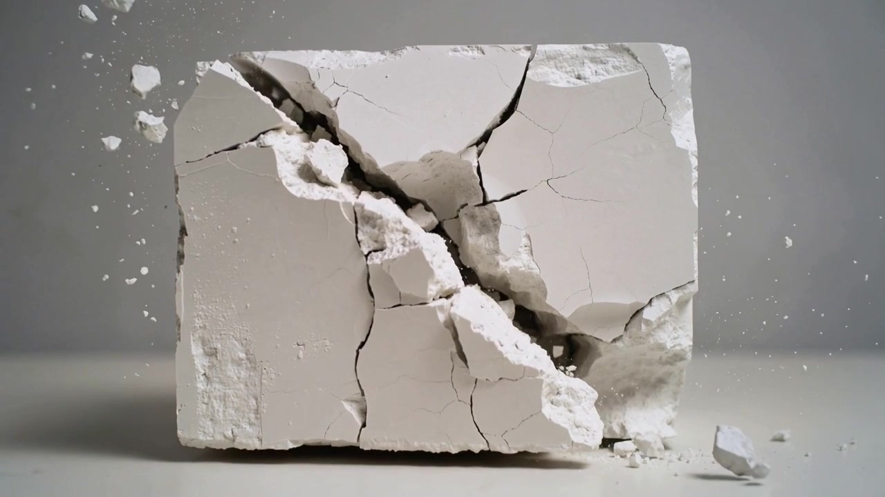 Cracking plaster block widening fissure from hairline crack on tabletop, shedding chips and dust