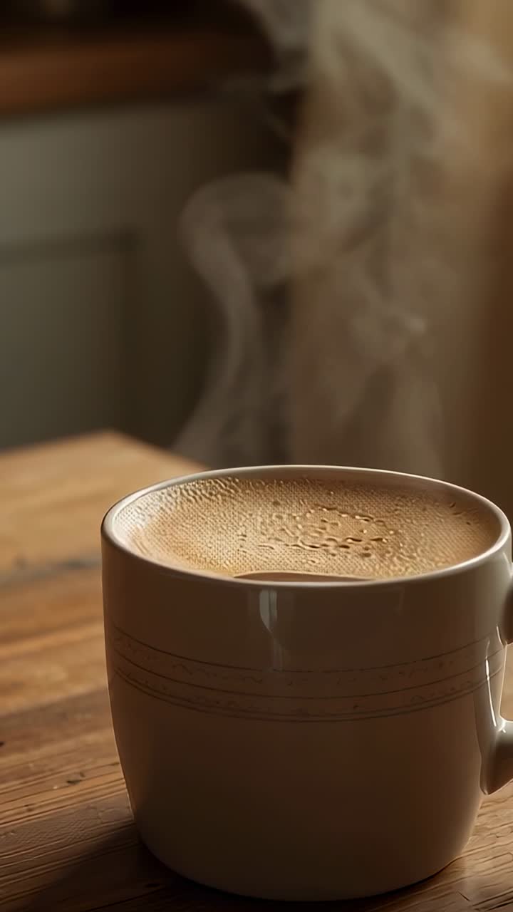 Video verticale: Tazza in ceramica di caffè caldo che rilascia vapore con vapori che si innalzano su un tavolo di legno, crema